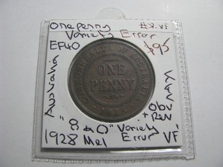 1928 Penny 8 & O Variety Error KGV Coin Very fine Australia Lower mintage #28.VF