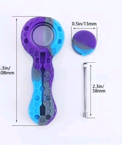 1Pcs Blue&Purple SILICONE PIPE 4.3" With GLASS BOWL & Clean Tool-HoneyComb Bee - Picture 5 of 6