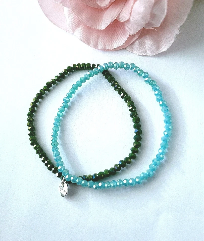 Biba 2er Kristall Armband Grün Türkis Silber dehnbar 18 cm Neu/ B007 - Bild 2 von 2