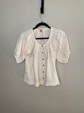 Marine Layer Womens Ivory Short Sleeve Button-Up Blouse Textured Cotton XS
