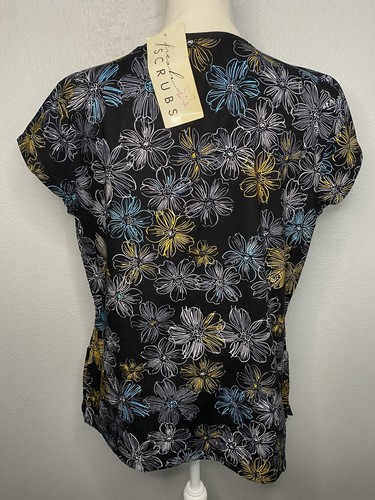 Peaches Women's Black Yellow Floral Scrub Uniform Top Nurse Medical Size Large - Picture 5 of 6
