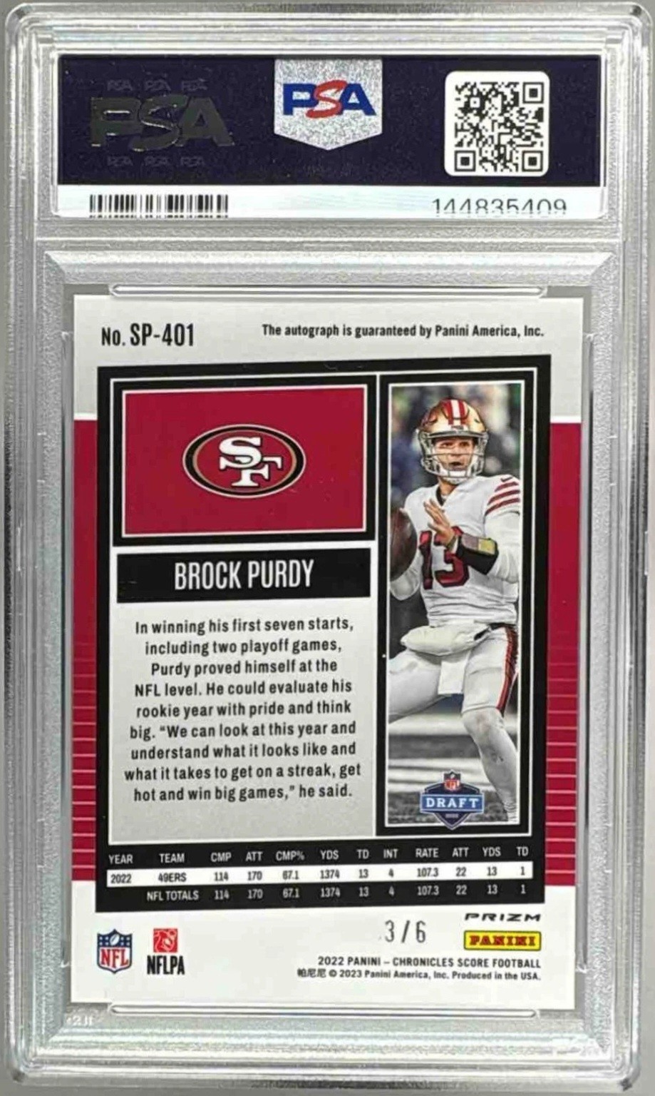 2022 Panini Chronicles Score Premium End Zone Brock Purdy RC Auto #3/6 PSA 9 view 2