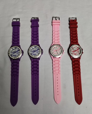 Lot of 4 GENEVA Silicone Band Watches Round Face Rhinestones 2 Purple, Pink, Red