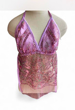 Purple handmade Halter Sheer Teddy Bodysuit Sequin Beaded Embroidered One Size