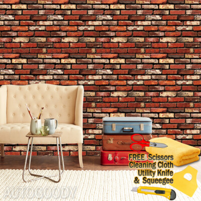 3ft x 20ft 3D Rustic Brick Stone Wallpaper Vinyl Film Sticker Red 36'' x 240''