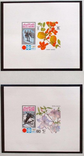 Juego de sábanas RAS AL KHAIMA 1972 OLÍMPICAS, Cpl XF ImPerf MNH/**, flores deportes de invierno - Imagen 2 de 4