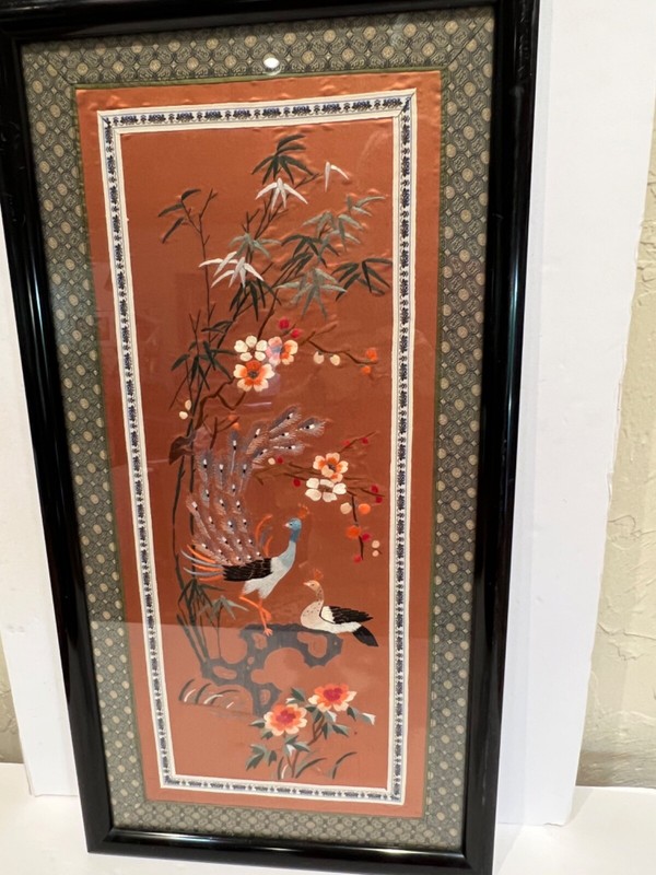 Antique Chinese embroidered silk panel  “Peacock & Hen” frame 26” x 14”