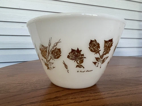 Vintage Fire King Fred Press Gold Roses Flowers Splash Proof BOWL