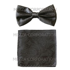 New men's pre-tied bowtie set paisley polyester formal wedding prom dark gray