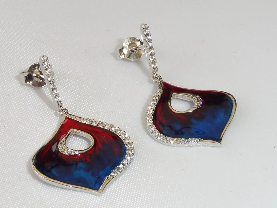 Orecchini a lobo in argento sterling 925 con smalto rosso e blu - Immagine 4 di 4