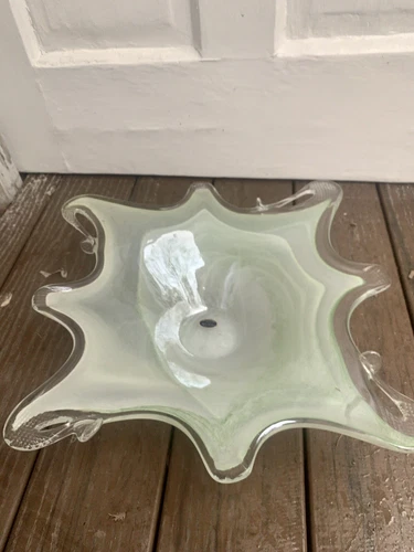 Vintage LAVORAZIONE ARTE MURANO ART GLASS Green White BOWL DISH Sculpture 18”