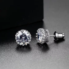 Gold Plated Crown Design Stud Earrings With High Quality 9mm CZ For Men, Women 