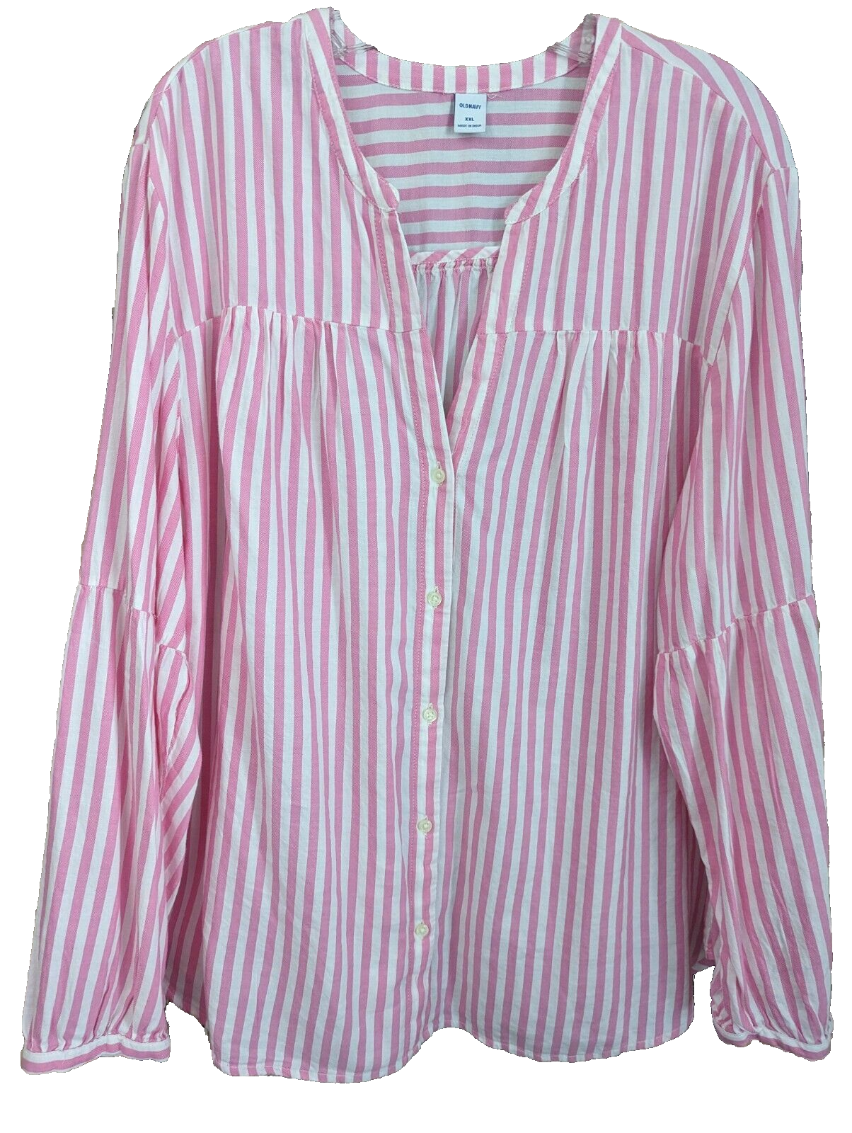 Old Navy Top Womens XXL Pink Candy Stripe Button Up Bishop Sleeve Beachy Coastal