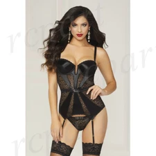 New Women lingerie satin 2 piece bustier set Black regular size S M L XL 10698