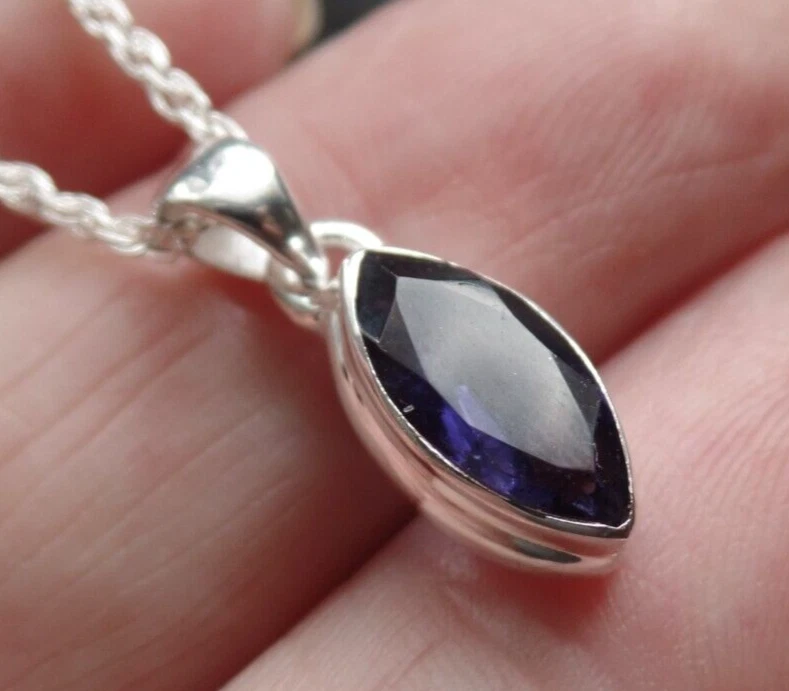 Sterling Silver and Iolite or Water Sapphire Marquise Necklace Virgo Birthstone