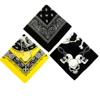 Gothic Bandana Set Black Skull Black Paisley Yellow Headband Headwear Masks Tube