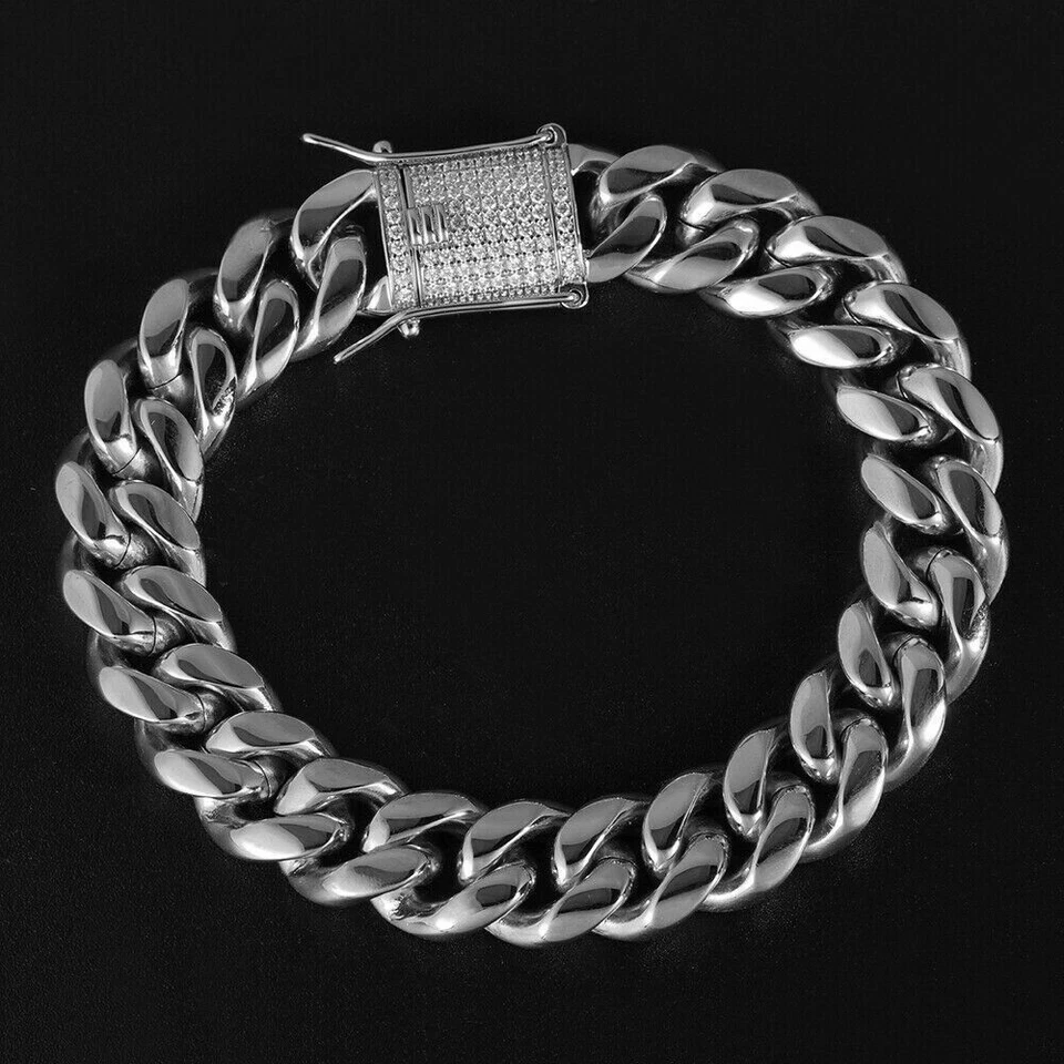 Men's 12mm White Gold Plated CZ Miami Cuban Link Bracelet 8.5''  Stainless Steel - Image 2 of 4