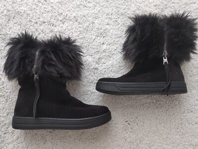 PRADA Womens Black Suede Zip Fur Trim Winter Snow Boots Ankle