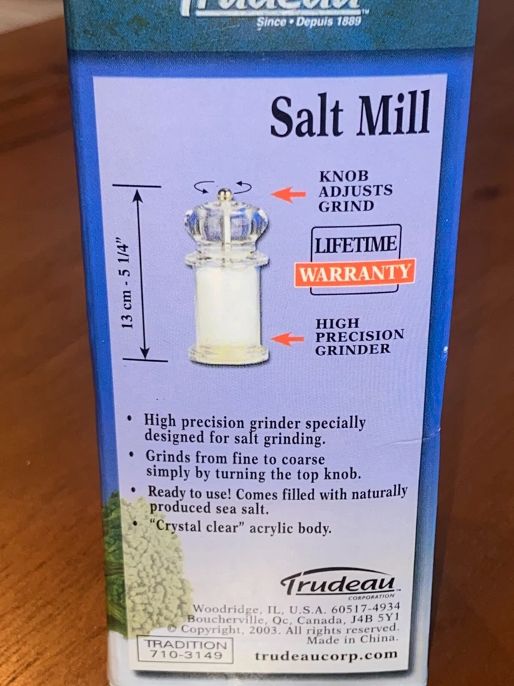 Moinho de sal tradicional vintage 2003 Trudeau acrílico transparente 5 1/4" ~ Novo na caixa - Imagem 3 de 4