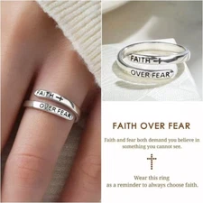 Faith Over Fear Cross Jesus Ring Adjustable Christian Jewelry