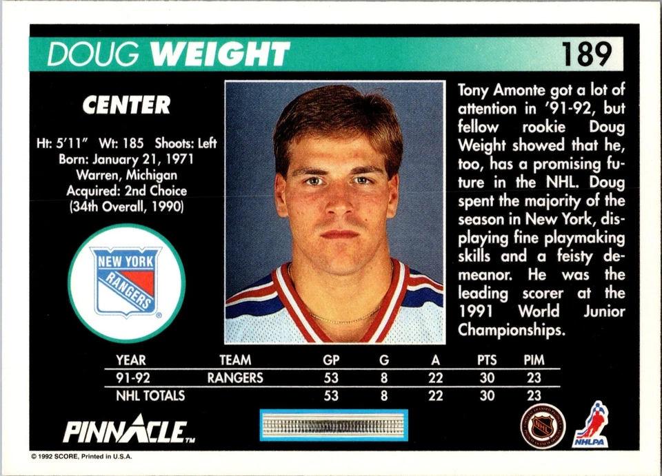 1992-93 Pinnacle - #189 Doug Weight - Image 2 of 2