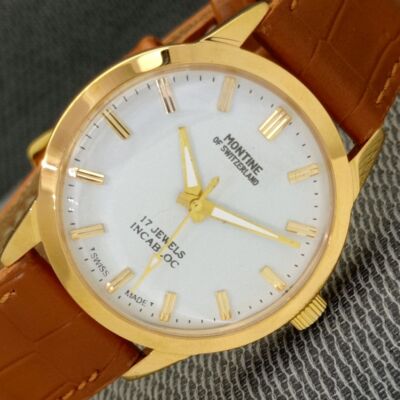 VINTAGE MONTINE HAND-WINDING 17 JEWELS SWISS MENS WHITE COLOR DIAL WATCH a851-U