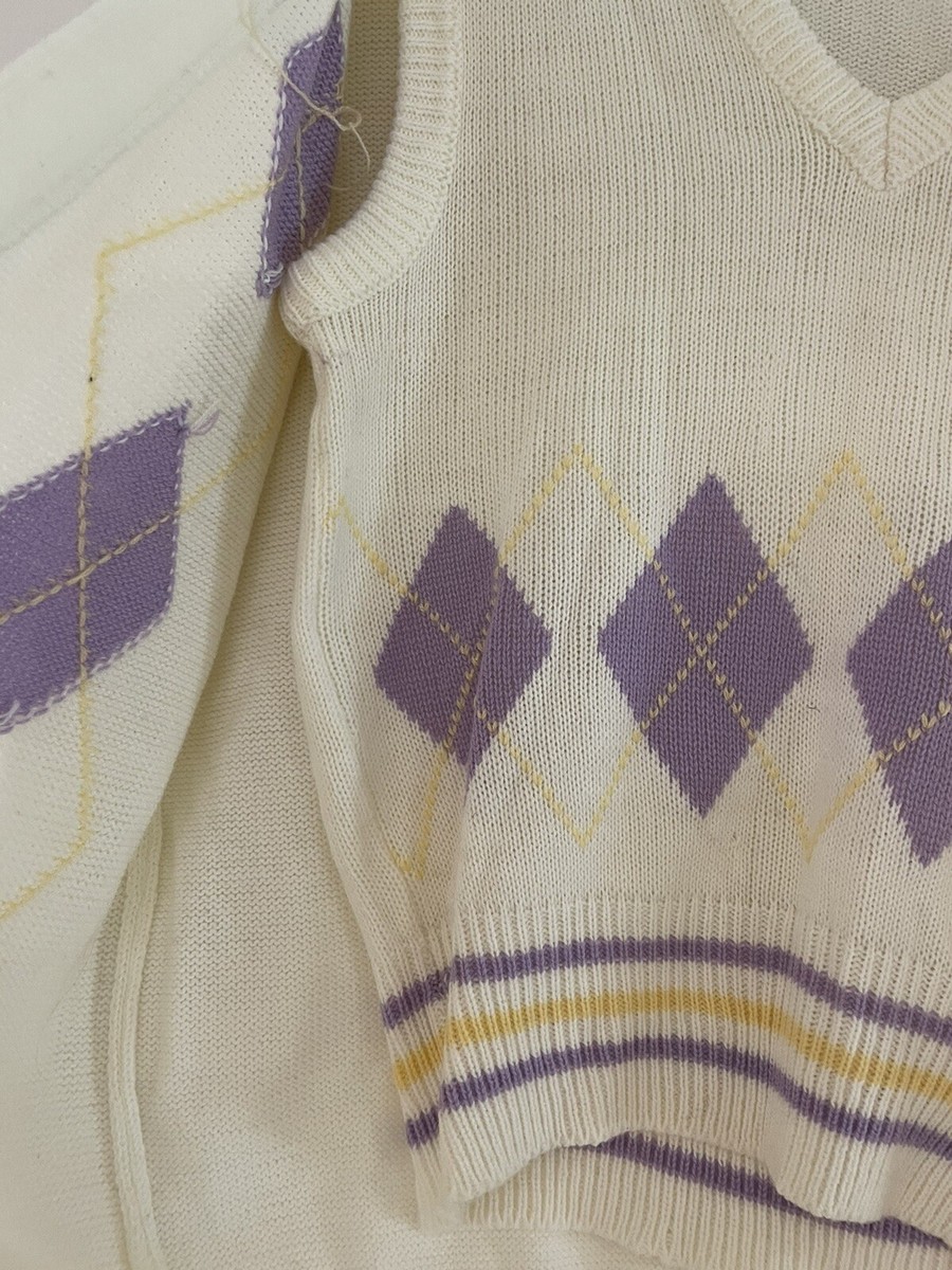 HABERDASHER Vintage cardigan and best set in ivory w/lavender and yellow argyle View 3