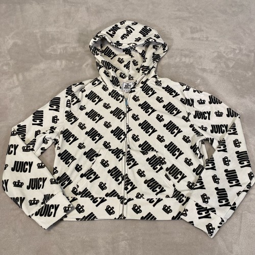 Juicy Couture Hoodie Women's XL White All Over Print Velour Full Zip Pullover