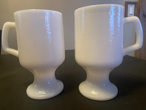 Vintage Set Of Two Anchor Hocking Milk Glass White Pedestal Coffee Mugs Cups