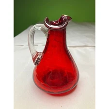 Vintage Ruby Red Crackle Glass Pinched mouth Pitcher with gorgeous ribbed clear