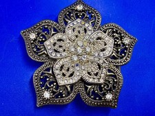Six Petal Floral Rhinestone Accented See Through Openwork Statement Belt Buckle