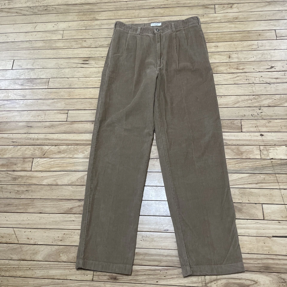 Covington Vtg 90s Y2k Brown Khaki Cotton Corduroy Trousers Men 34 32 Pleat Fade - Image 3 of 4