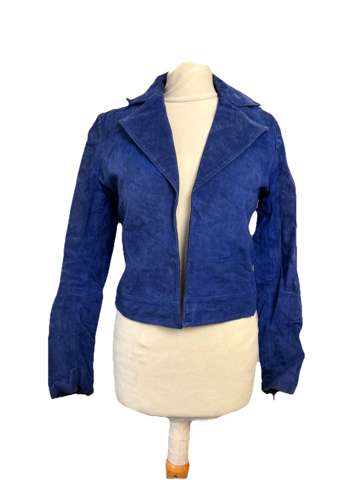 Mango Blue Suede Jacket Size S Long Sleeve Collar Cropped Open Women’s