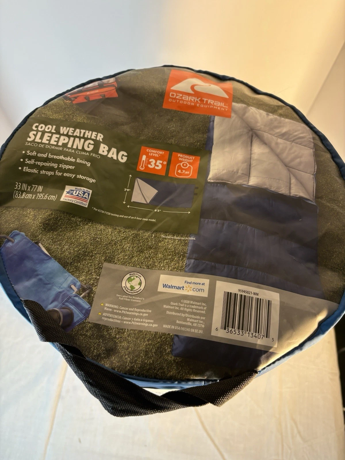 Ozark Trail 35-Degree Cool Weather Rectangular Sleeping Bag, Blue, 33"x77"