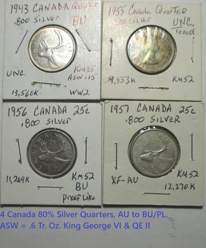 4 Canada 80% Silver Quarter Lot 1943 1955 1956 1957 AU to BU/PL, KG VI & QE II