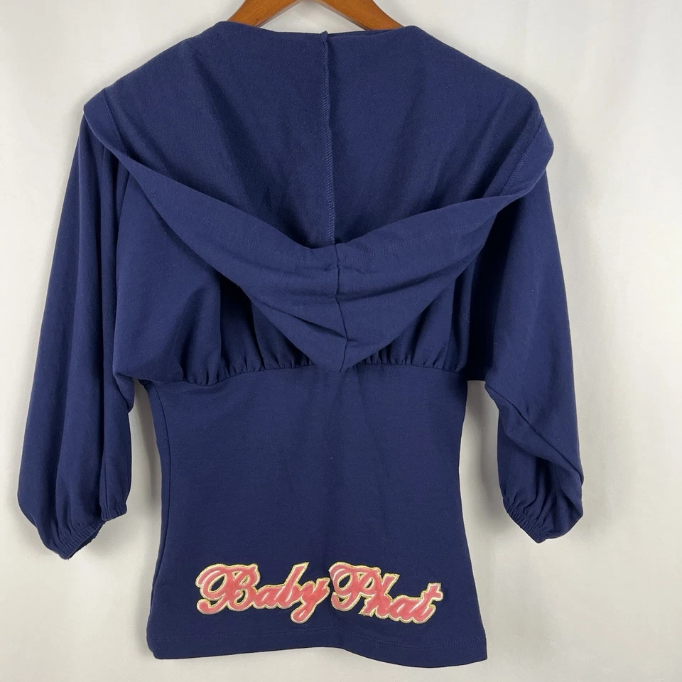 Sudadera con Capucha Para Mujer Y2K Baby Phat Cremallera Azul Marino Rosa Cuello en V Manga Dolman Pequeña Rara Foto 3 de 4