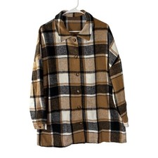 Brown Plaid Button Down Shacket Oversized Flannel Style Jacket Large
