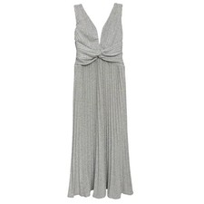 SHEIN Silver Metallic Pleated Maxi Gown Deep V Sleeveless Size M Holiday Dress