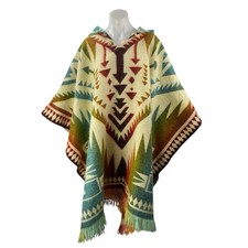 Runa Arts 100 Wool Multicolor Aztec Tribal Hoodie Hooded Fringe Poncho Sweater