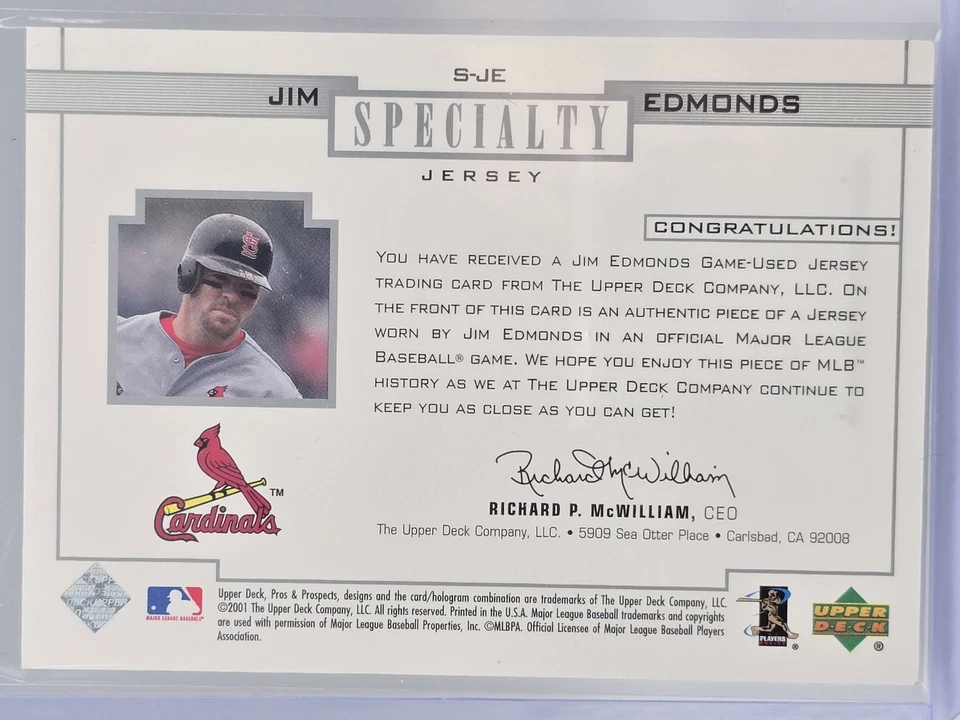 Camisetas especiales 2001 Upper Deck Pros & Prospects Jim Edmonds #S-JE Foto 2 de 2