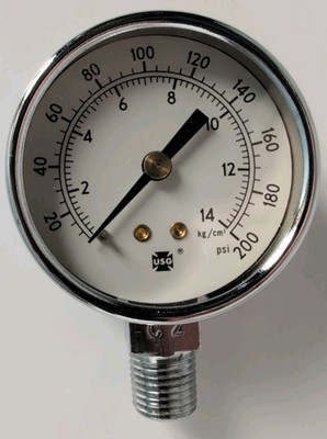 Pressure Gauge 0-200 psi, 2'' Face Dial, 1/4'' NPT, Ametek USG - NEW