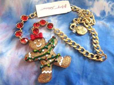 Betsey Johnson Jingle Bell Bling Gingerbread Short Pendant Necklace NWT