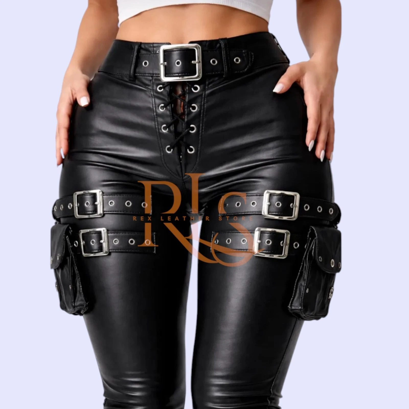 Women's Lace Up Closure Style Black Leather Pant - Genuine Lambskin Leather Pant
