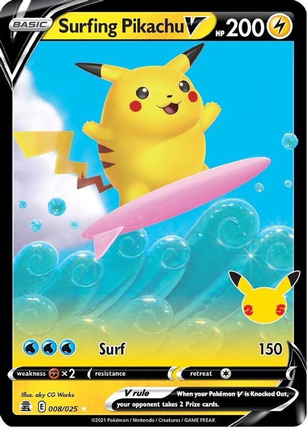 Surfing Pikachu V - 008/025 - Pokemon Celebrations Sword & Shield Rare Card NM