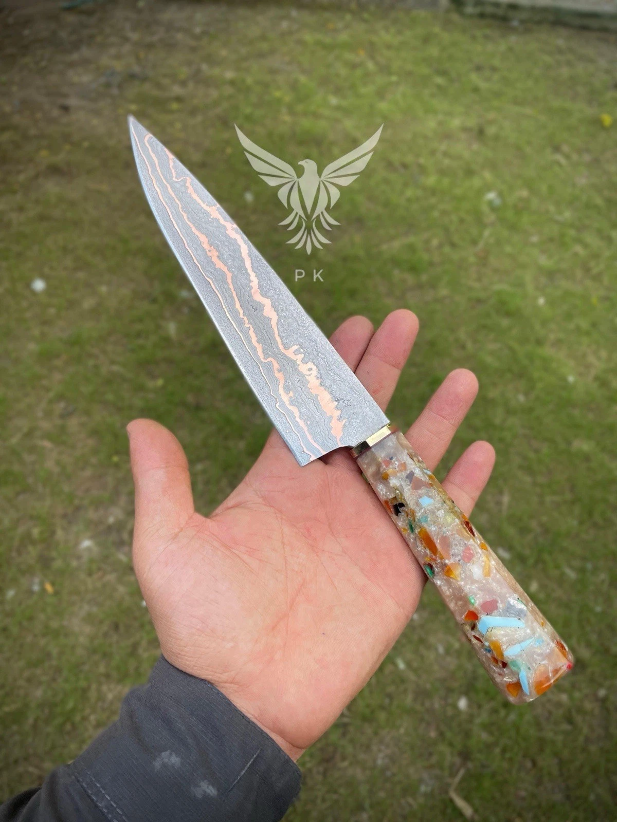 Hand Forged Copper Damascus Santoku Chef Knife, Resin Handle
Opens in a new window or tab
