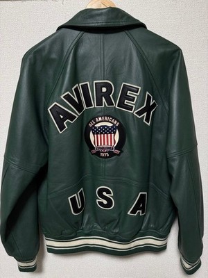 AVIREX Varsity Jacket L Signature Arch Logo Leather Black Green