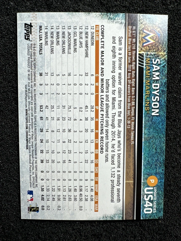 SAM DYSON #US40 2015 Topps Update Series QTY Miami Marlins - Image 2 of 2