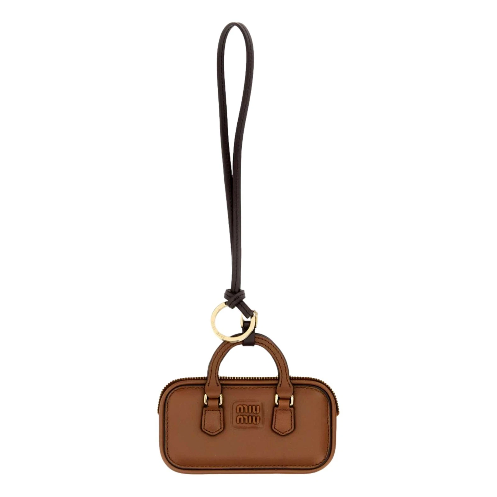 Miu Miu — Miu Miu Arcadie Mini Leather Bag Charm Brown Gold Tone Zip Keychain New