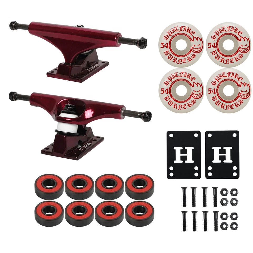 Core Hollow Skateboard Trucks, 54mm Spitfire Wheels, Abec 5 Bearings Kit Package