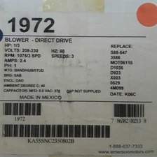 EMERSON 1972 Blower Direct Drive Motor 1/3 HP 208/230V 1075RPM 3SPD *NEW*